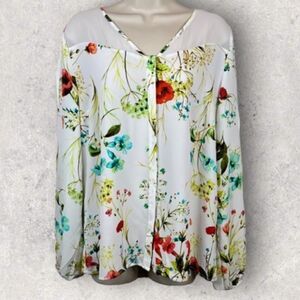 Worthington Floral Blouse - White with Red and Blue Accents